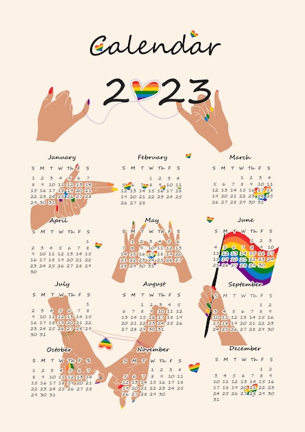 Diseño de calendario 2023 con símbolo lgbt. Organizador anual del planificador de calendario dibujado a mano. Vector