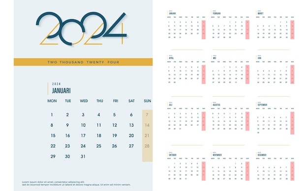 Diseño de calendario 2024 simple y colorido Calendario de pared moderno y más reciente