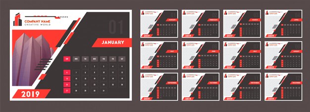 Diseño del calendario anual para 2019, decorado con patrón abstracto.