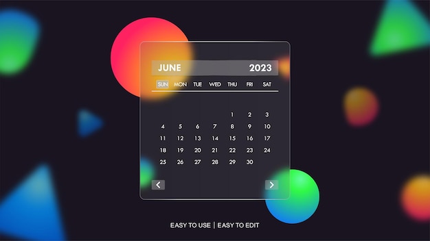 Diseño de calendario editable 2023 con efecto de morfismo de vidrio y vector de fondo colorido