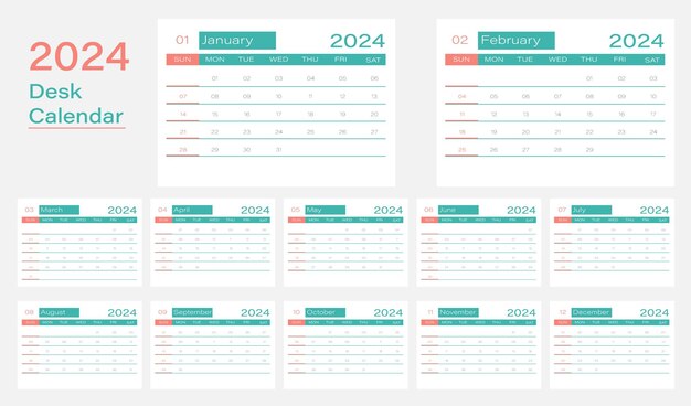 Diseño de calendario de escritorio vectorial moderno para 2024
