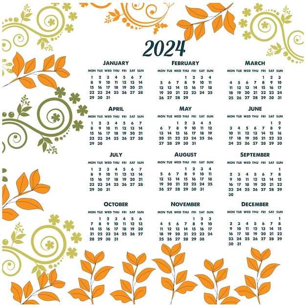 Diseño de calendario inglés de año nuevo 2024 vector gratuito para oficina o negocio