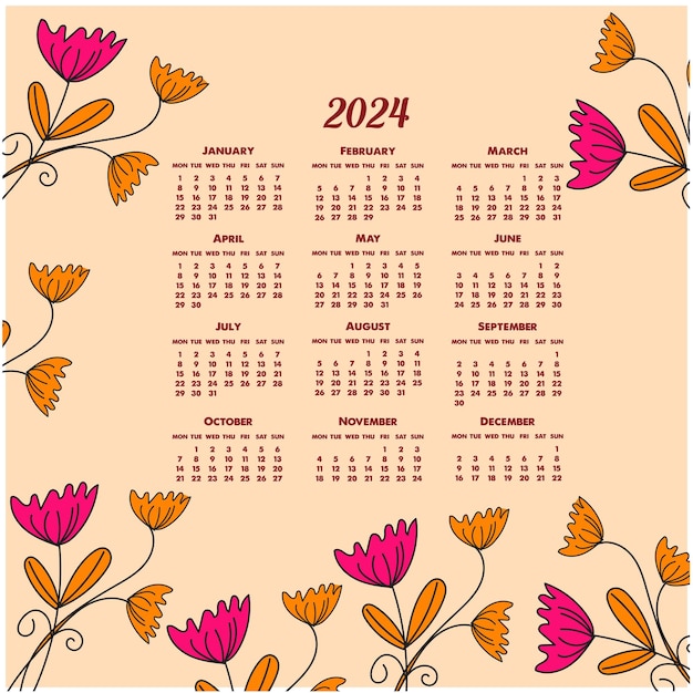 Diseño de calendario inglés de año nuevo 2024 vector gratuito para oficina o negocio