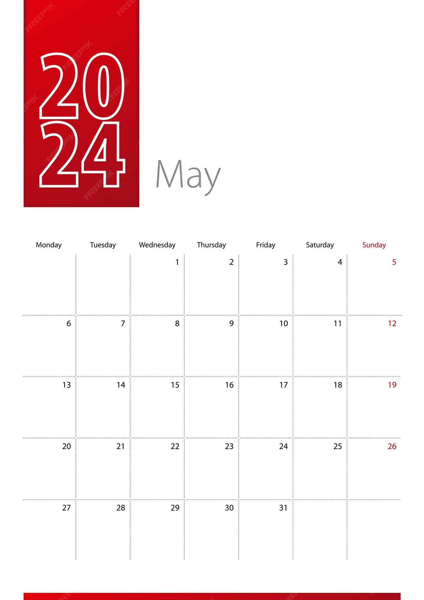 Diseño de calendario de mayo de 2024 la semana comienza el lunes