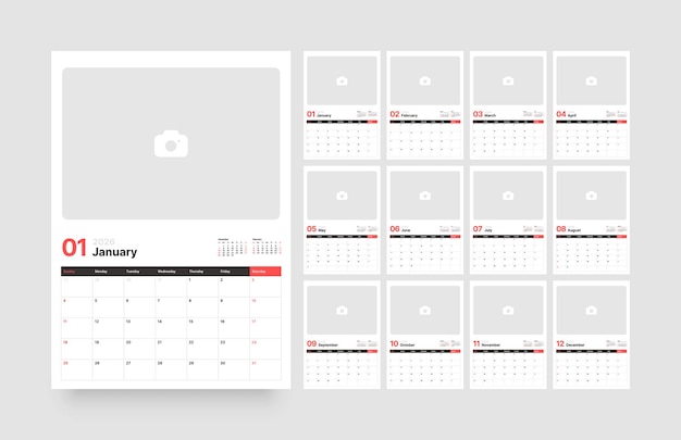 Diseño del calendario mensual para el año 2026 planificador de diario vertical con lugar para foto para la semana del año 2026