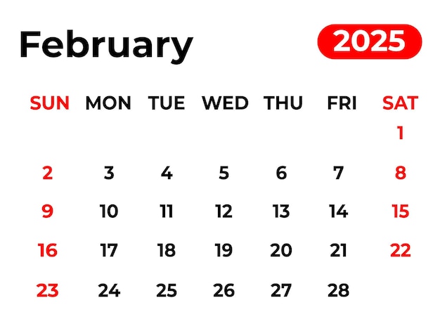 Diseño del calendario mensual de febrero de 2025 en un aspecto limpio