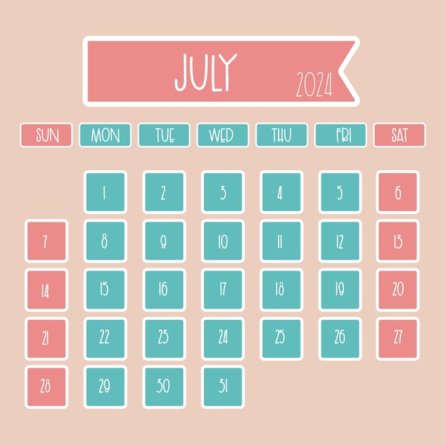 Diseño de calendario mensual de julio de 2024 con fuente fina donde la semana comienza en domingo