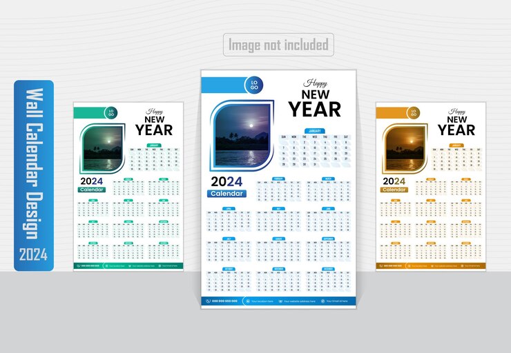 Diseño de calendario de pared de 3 colores plantilla 2024