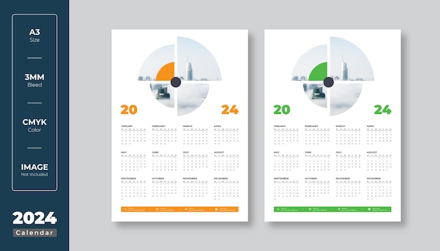 Vector diseño de calendario de pared de una página 2024 plantilla moderna de calendario de una página de 12 meses