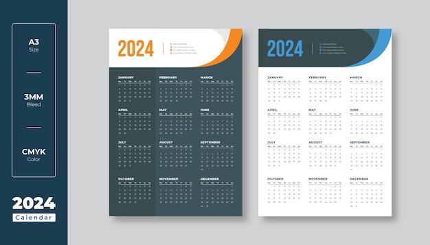 Diseño de calendario de pared de una página 2024 Plantilla moderna de calendario de una página de 12 meses