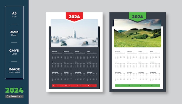 Vector diseño de calendario de pared de una página 2024 plantilla moderna de calendario de una página de 12 meses