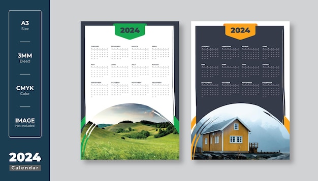 Vector diseño de calendario de pared de una página 2024 plantilla moderna de calendario de una página de 12 meses