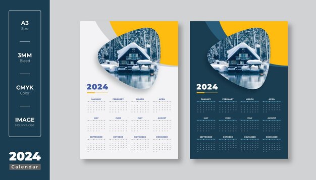 Vector diseño de calendario de pared de una página 2024 plantilla moderna de calendario de una página de 12 meses