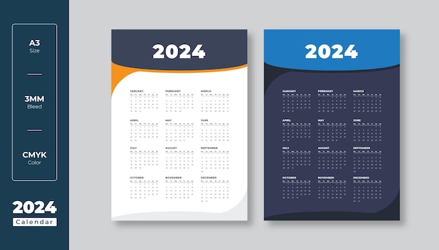 Vector diseño de calendario de pared de una página 2024 plantilla moderna de calendario de una página de 12 meses