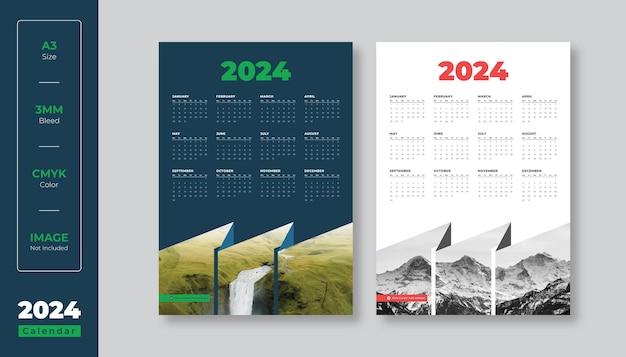 Diseño de calendario de pared de una página 2024 Plantilla moderna de calendario de una página de 12 meses