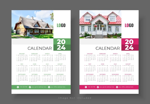 diseño de calendario de pared de una página 2024