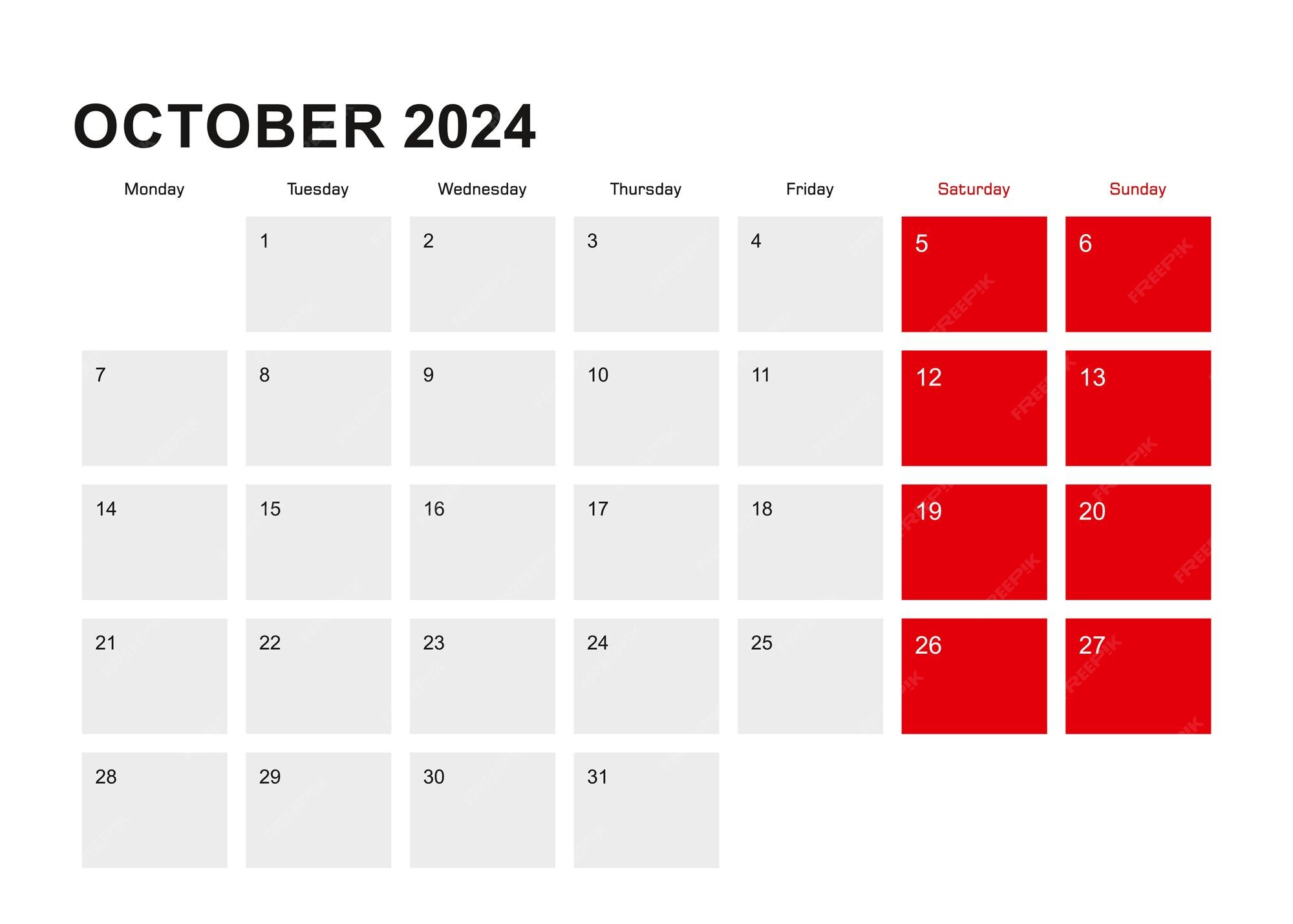Diseño de calendario planificador de octubre de 2024 la semana comienza