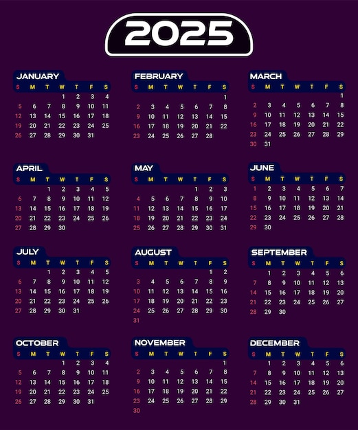 Diseño de calendario vectorial de página completa para el año 2025 con fondo púrpura
