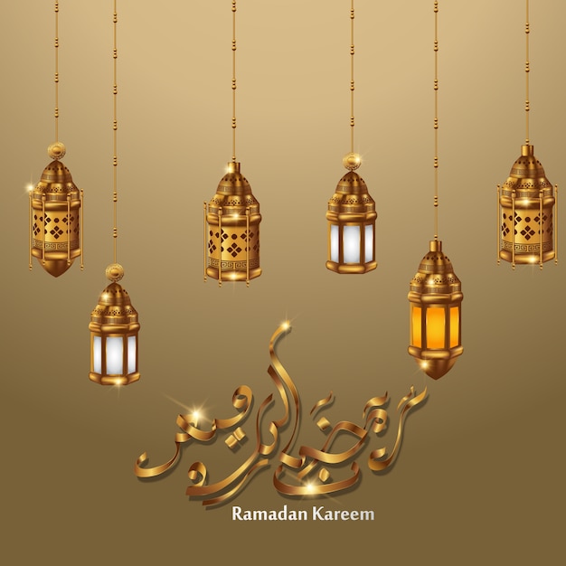Diseño de caligrafía árabe para Ramadán, con linternas