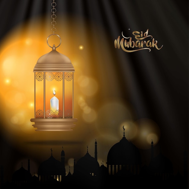 Diseño de caligrafía islámica Eid Mubarak con luna creciente y mezquita