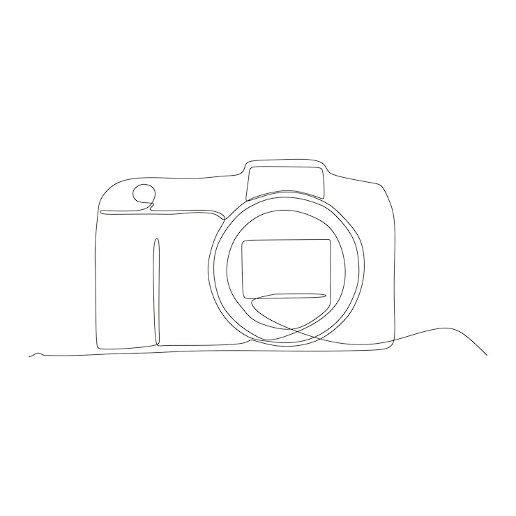 Vector diseño de cámara de una línea en blanco y negro. vector digital de cámara dslr con un solo dibujo de línea continua