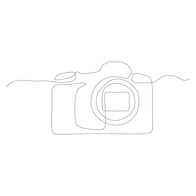 Diseño de cámara de una línea en blanco y negro. Vector digital de cámara DSLR con un solo dibujo de línea continua