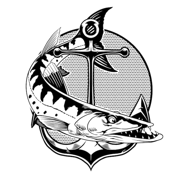 Diseño de camisa de barracuda de pesca en blanco y negro