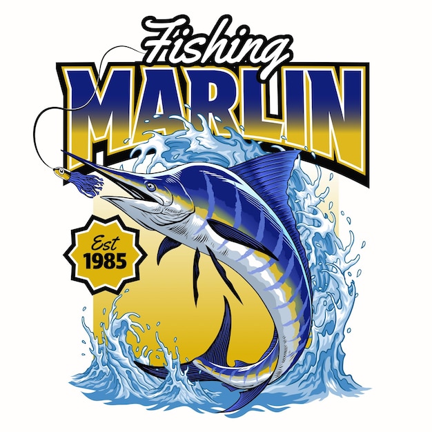 Vector diseño de camisa de pesca de marlín en estilo vintage