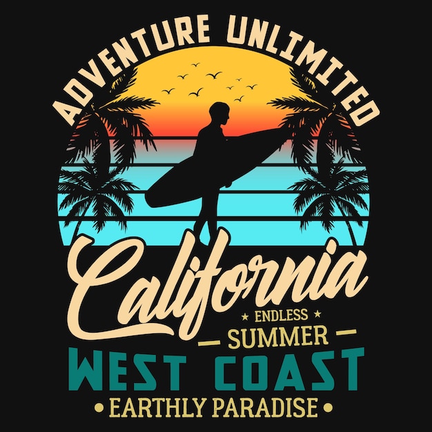 Diseño de camiseta adventure unlimited california