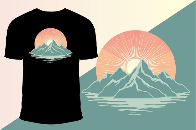 Diseño de camiseta de amanecer de montaña con un paisaje escénico