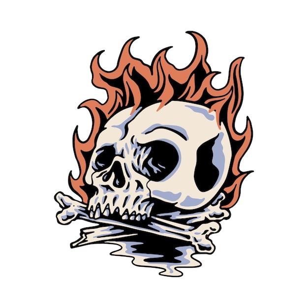 Diseño de camiseta de arte vectorial de ilustración gráfica de calavera y fuego