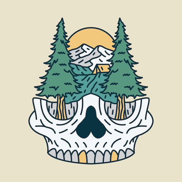 Diseño de camiseta de arte vectorial de ilustración gráfica de calavera y naturaleza