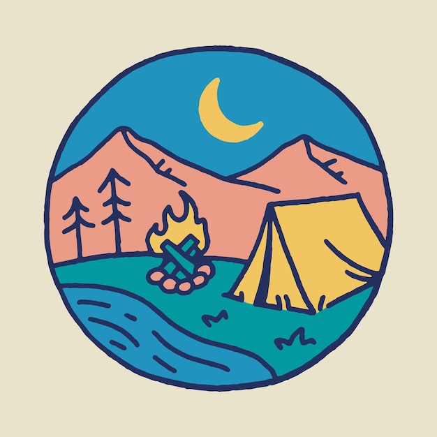 Diseño de camiseta de arte vectorial de ilustración gráfica de camping y hoguera