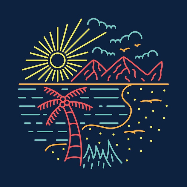 Diseño de camiseta de arte vectorial de ilustración gráfica de playa tranquila y puesta de sol