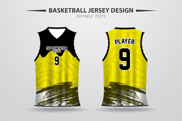 Diseño de camiseta de baloncesto negra y amarilla para imprimir.