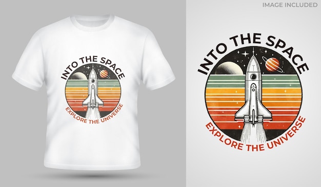Diseño de camiseta blanca con tema espacial y en aspecto retro