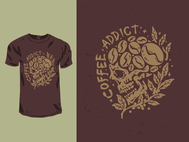 Vector diseño de camiseta de calavera adicto al café