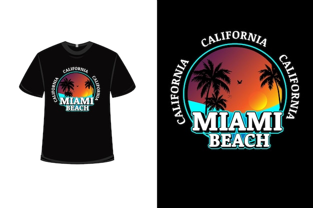 Diseño de camiseta con california miami beach en naranja y azul.