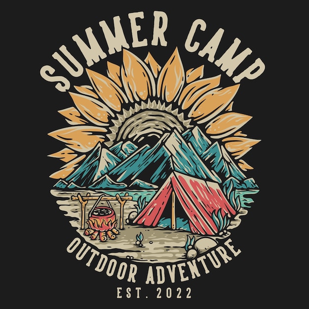 Vector diseño de camiseta campamento de verano aventura al aire libre con carpa y montañas ilustración vintage