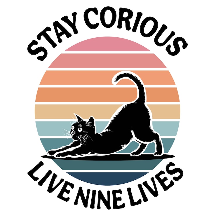 Vector el diseño de la camiseta de cat day y stay corious live nine lives es una imagen vectorial de diseño de camiseta.