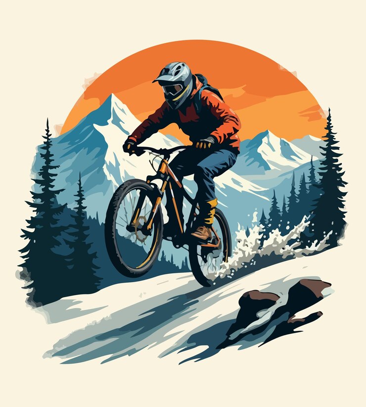un diseño de camiseta para un ciclista de montaña con una puesta de sol en el fondo