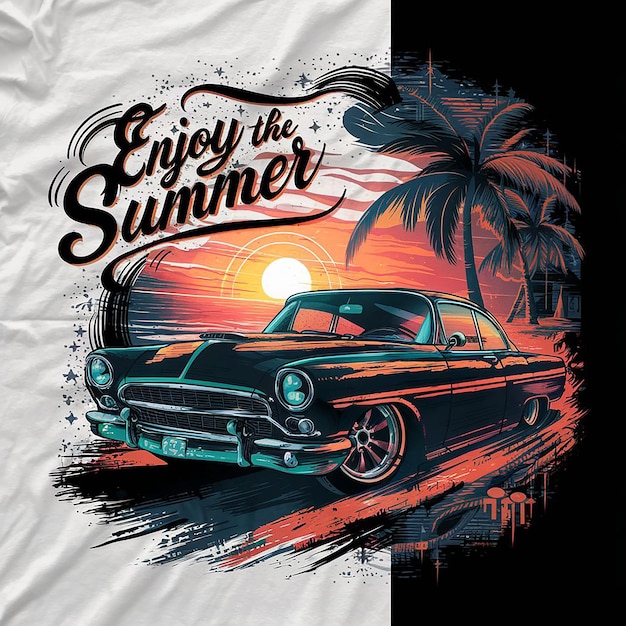 Vector un diseño de camiseta de coche de crucero en la playa alineada al anochecer con un telón de fondo de puesta de sol disfruta de la suma