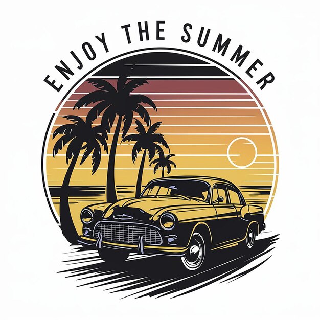 Vector un diseño de camiseta de coche de crucero en la playa alineada al anochecer con un telón de fondo de puesta de sol disfruta de la suma