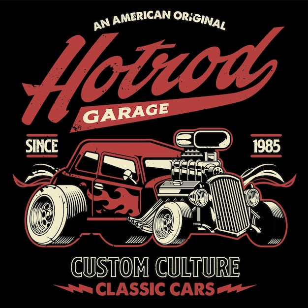 Vector diseño de camiseta de coche hotrod americano en estilo vintage.