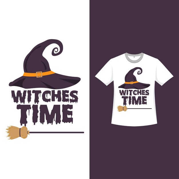 Diseño de camiseta de color negro simple de Halloween con un sombrero de bruja y un palo de escoba Diseño de elementos divertidos de Halloween con un sombrero de bruja y un palo de escoba de caligrafía Diseño de camiseta espeluznante para Halloween