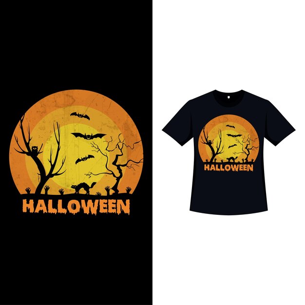 Diseño de camiseta de color retro con estilo de halloween con árboles muertos, murciélagos, un gato y lápidas diseño de camiseta de miedo de halloween con color vintage y caligrafía diseño de moda de miedo para halloween