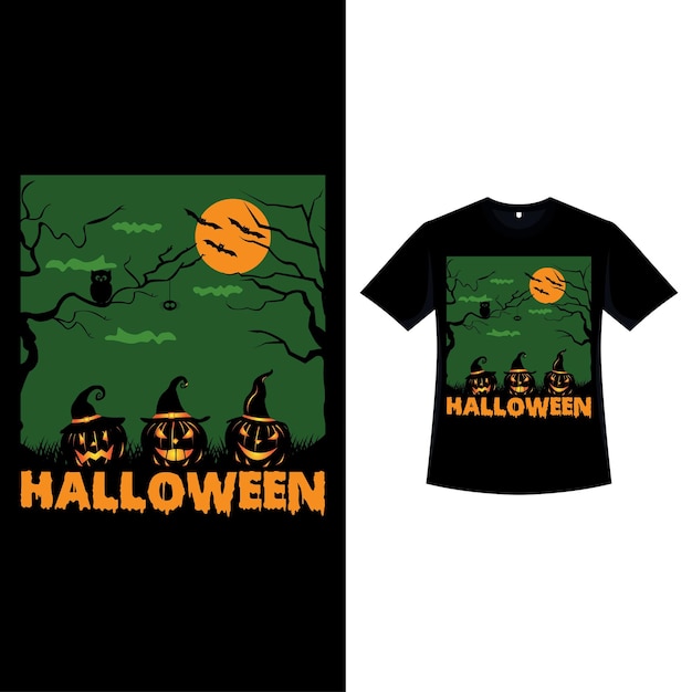 Diseño de camiseta de color retro de Halloween con tres linternas de calabaza Diseño de ropa de moda de Halloween con un árbol muerto de calabaza de luna y caligrafía Diseño de camiseta de color vintage aterrador para Halloween