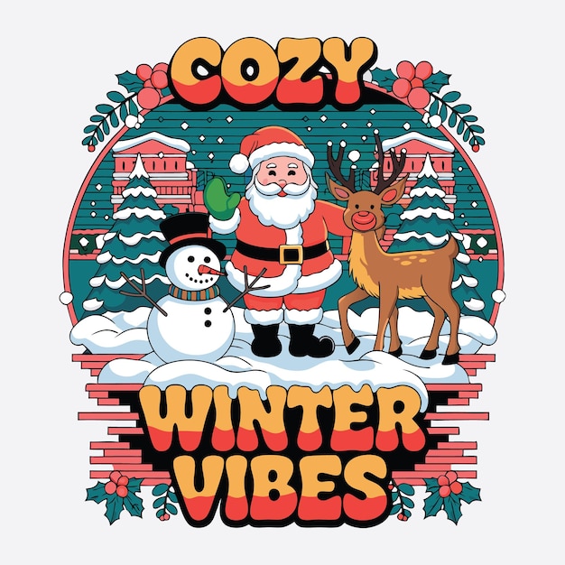 El diseño de la camiseta Cozy Winter Vibes Retro Vector de Navidad de Invierno