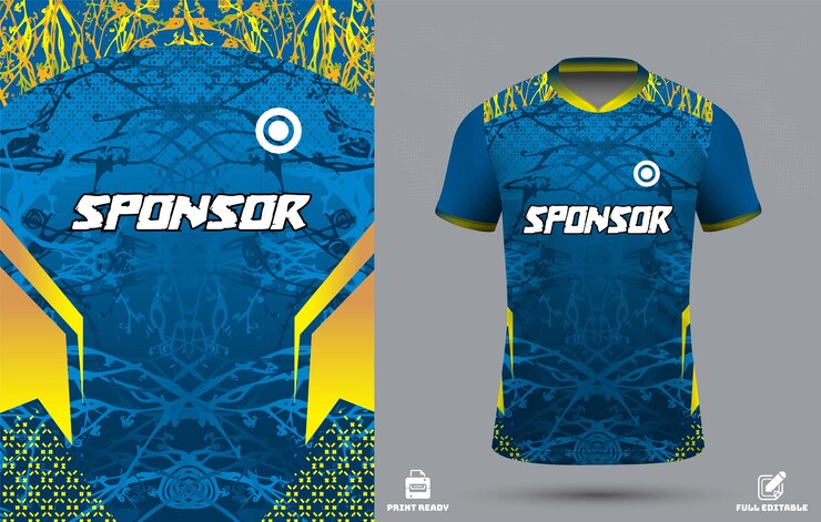 Diseño de camiseta deportiva azul y amarilla con el logotipo del patrocinador