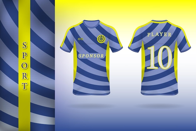 Diseño de camiseta deportiva azul amarillo.